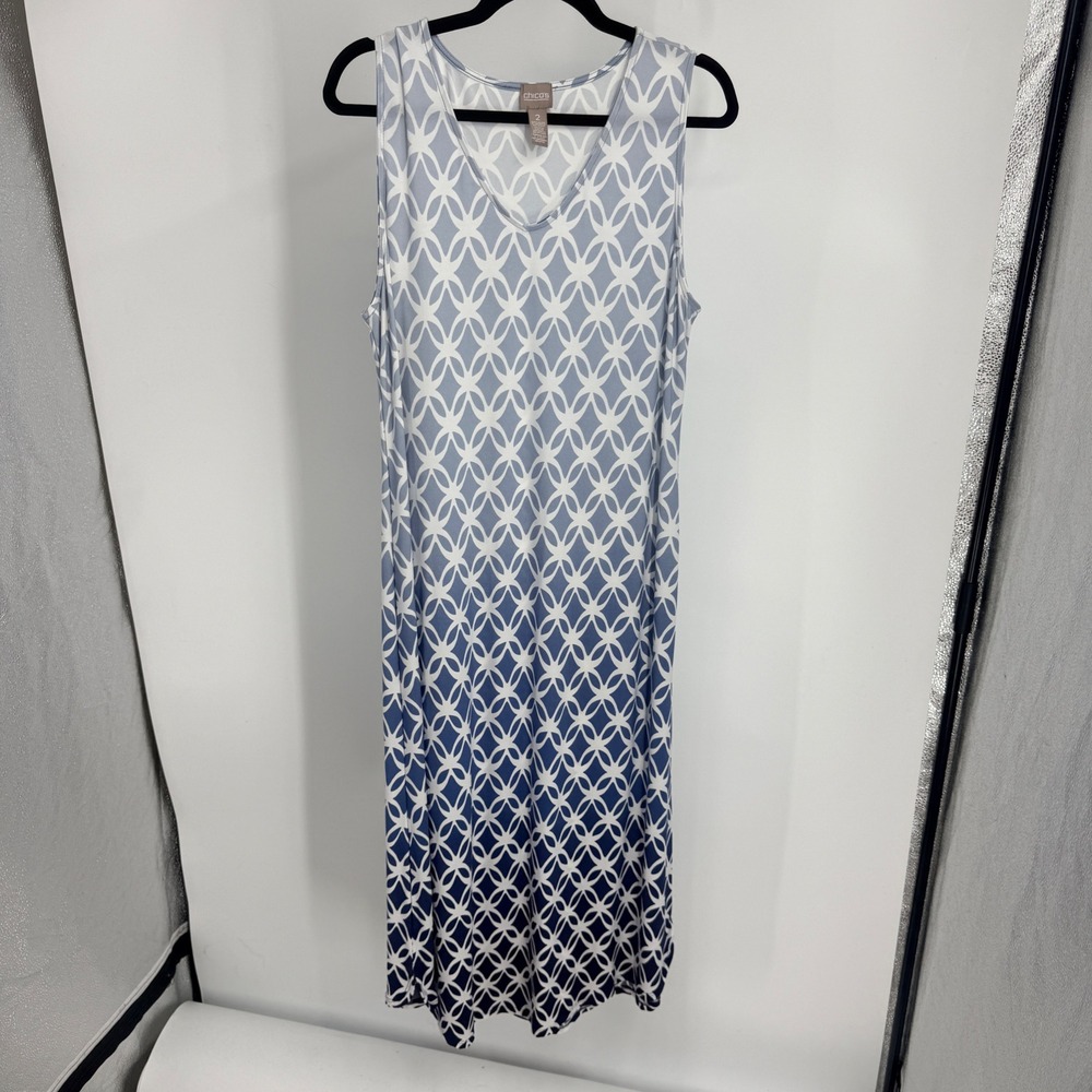 Chicos Blue White Ombre Geometric Trellis Print Sleeveless Maxi Dress 2 L Heavy